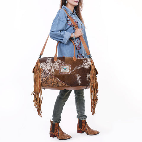 American Darling Hand Tooled Floral & Hair-On Cowhide Western Leather Duffel Bag with Fringes