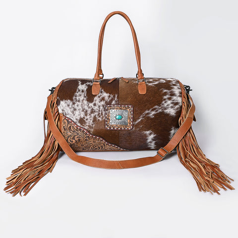 American Darling Hand Tooled Floral & Hair-On Cowhide Western Leather Duffel Bag with Fringes