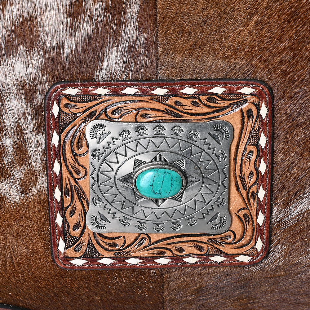 ADBG608 Hair-On-Hide Cowhide Duffle Bag with Tooled Leather & Fringe Western Weekender with Turquoise Concho