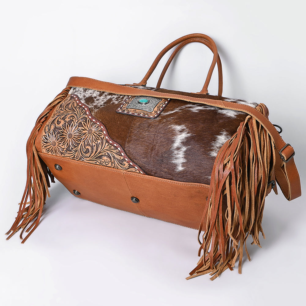 ADBG608 Hair-On-Hide Cowhide Duffle Bag with Tooled Leather & Fringe Western Weekender with Turquoise Concho