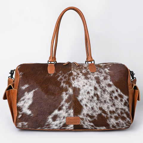 American Darling Hand Tooled Floral & Hair-On Cowhide Western Leather Duffel Bag with Fringes
