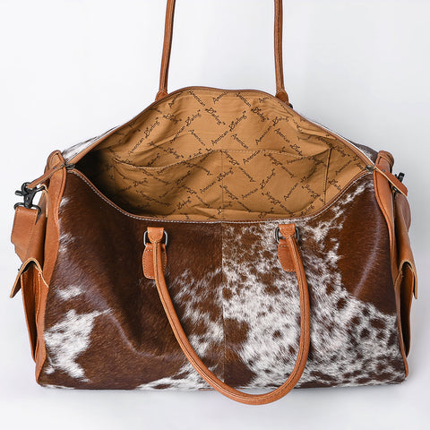 American Darling Hand Tooled Floral & Hair-On Cowhide Western Leather Duffel Bag with Fringes