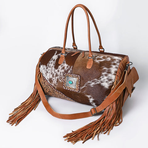 American Darling Hand Tooled Floral & Hair-On Cowhide Western Leather Duffel Bag with Fringes