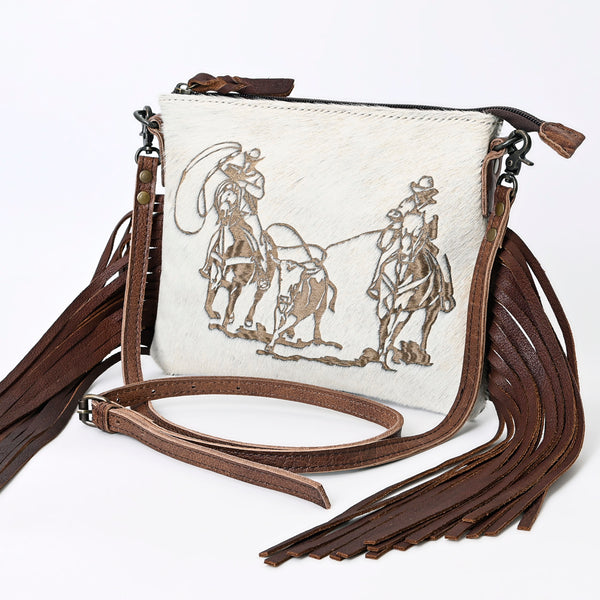 ADBG109G White Hair-On Cowhide Crossbody Bag-Western Fringe Leather Rodeo Purse