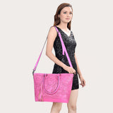 ADBG1246 Hand-Tooled Metallic Silver Leather Tote Bag - Western Floral Design with Dual Handles