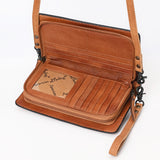 ADBG1653 Tan Suede & Tooled Leather Crossbody Bag with White Embroidery and Floral Border