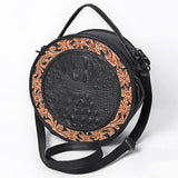 ADBG1604 Round Black Leather Canteen Bag with Floral Tooled Border & Embossed Center