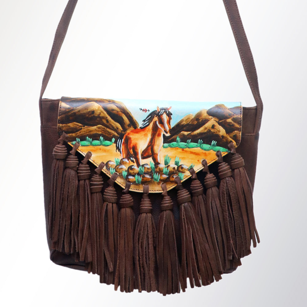 LC-ADBGM118 Hand-Painted Leather Fringe Crossbody Bag - Western Scene Artwork