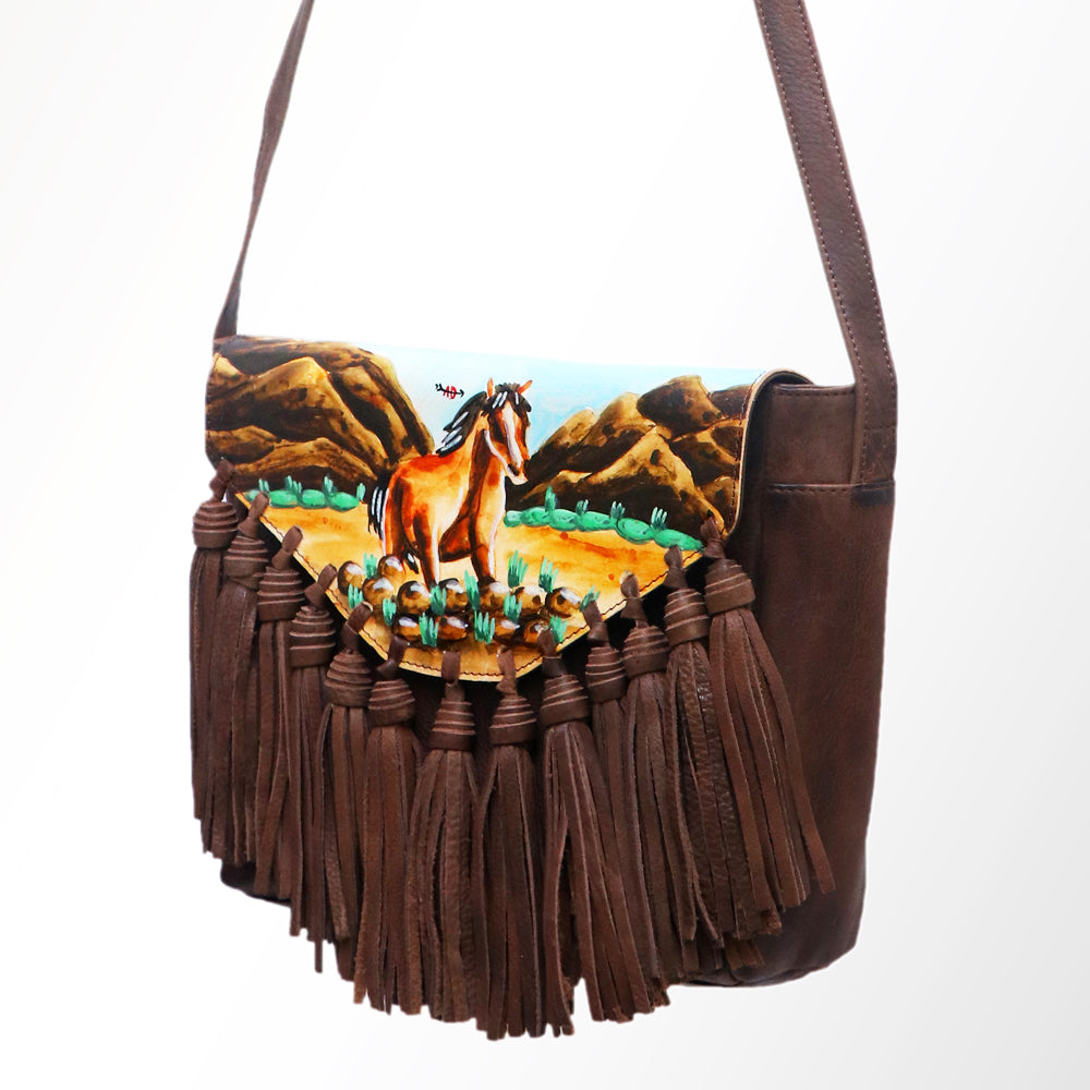 LC-ADBGM118 Hand-Painted Leather Fringe Crossbody Bag - Western Scene Artwork