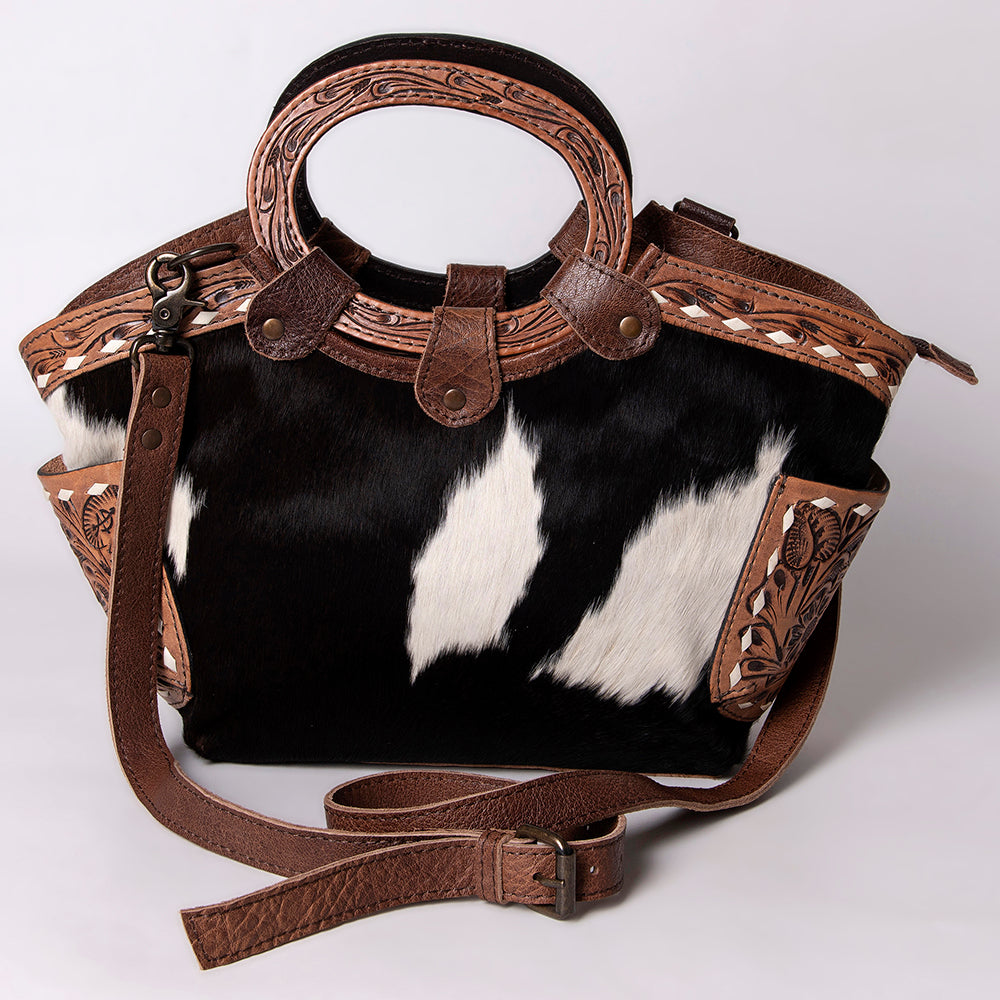 LC-ADBG623 Hair-On Cowhide Tote Bag with Hand-Tooled Leather Handles & Accents