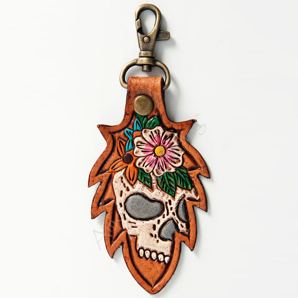 LC-ADKR164 Tooled Leather Skull Keyring � Floral Design with Swivel Clip