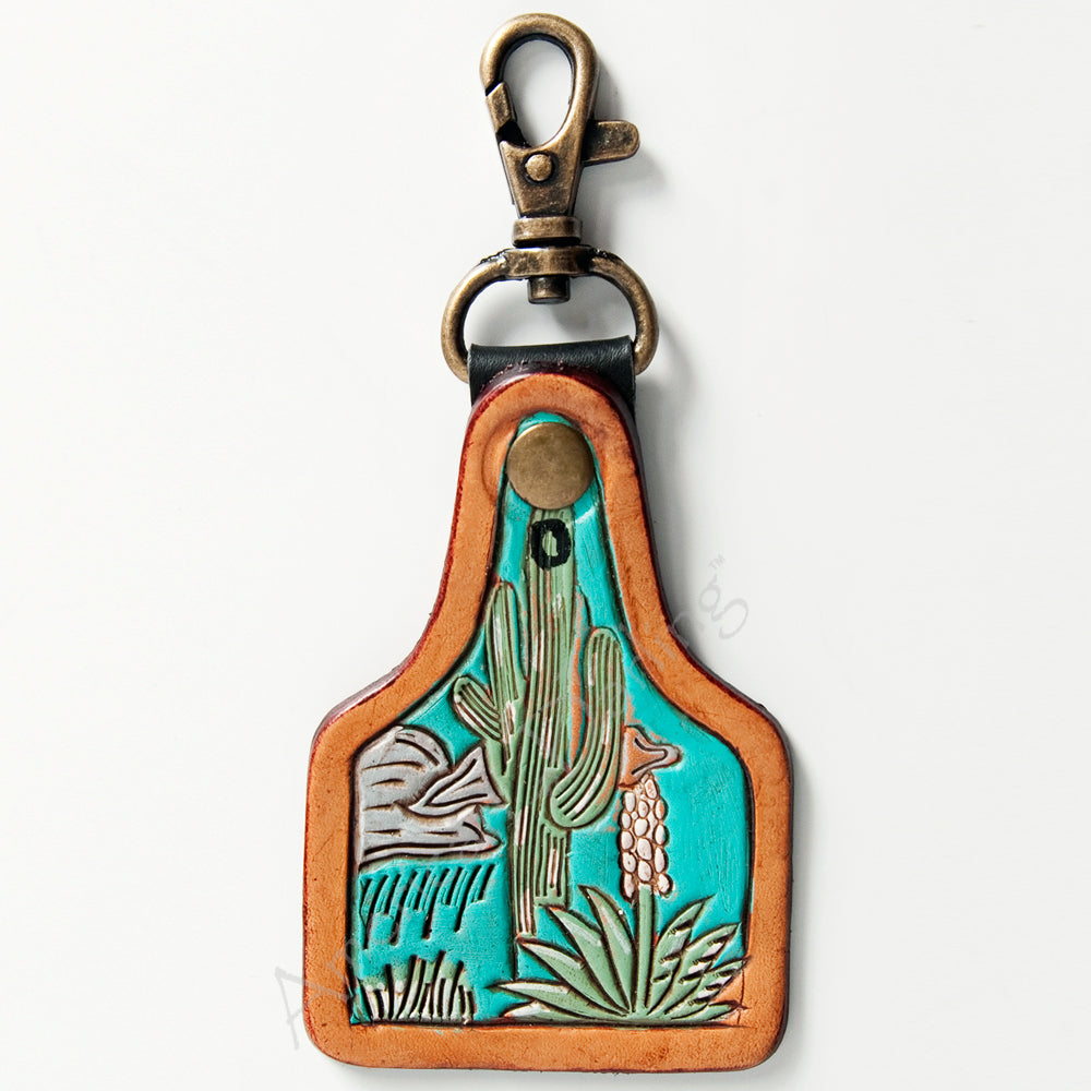 ADKR167 Tooled Leather Keyring Desert Landscape with Cactus & Cliff Design