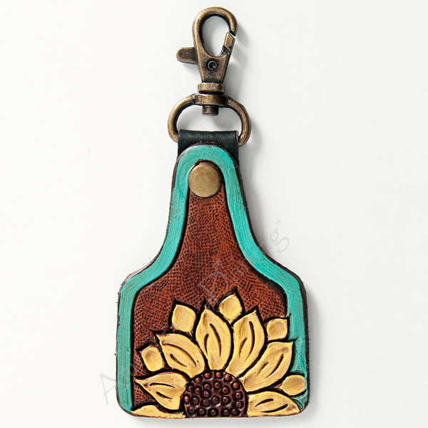 ADKR168 Tooled Leather Keychain Sunflower Design with Turquoise Border