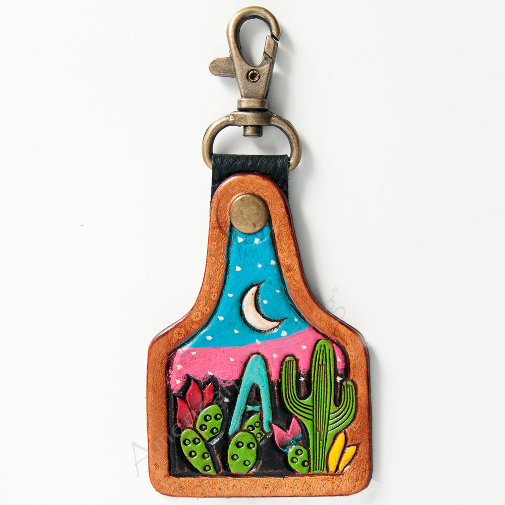 LC-ADKR169 Tooled Leather Keychain Desert Night Scene with Cactus & Moon