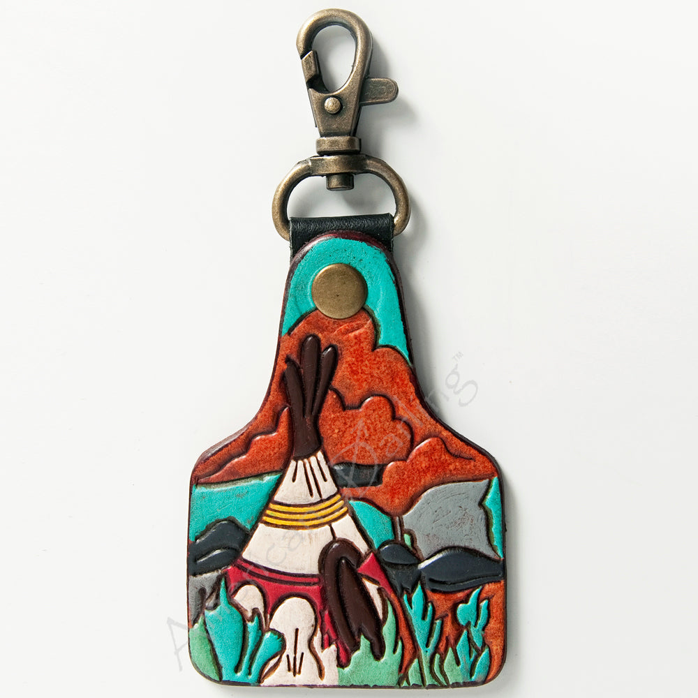 ADKR178 Hand-Tooled Leather Tipi Keyring with Desert Landscape   Western Southwest Style
