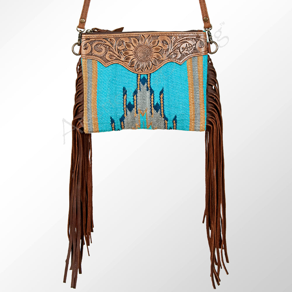 ADBG236 Southwestern Handwoven Crossbody Bag with Hand-Tooled Leather Flap and Long Fringes