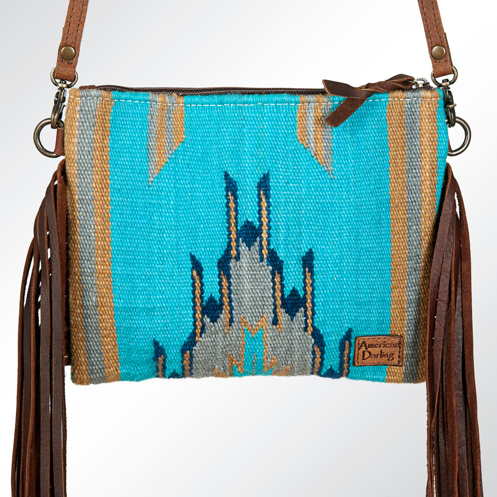 ADBG236 Southwestern Handwoven Crossbody Bag with Hand-Tooled Leather Flap and Long Fringes