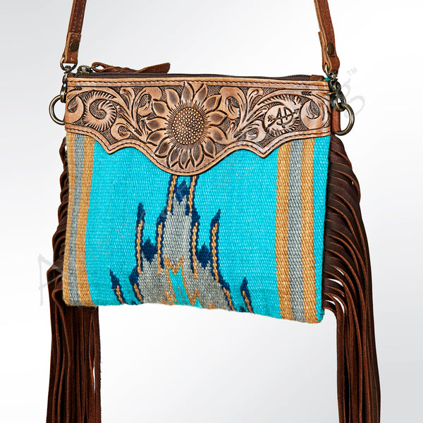 LC-ADBG236 Southwestern Handwoven Crossbody Bag with Hand-Tooled Leather Flap and Long Fringes