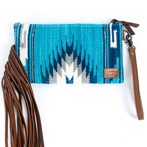 American Darling Western Leather Wristlet Bag with Hand Tooled Floral Carving and Saddle Blanket