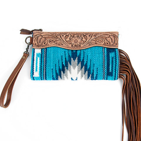 American Darling Western Leather Wristlet Bag with Hand Tooled Floral Carving and Saddle Blanket