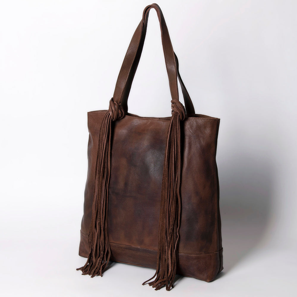 ADBGM119BR Dark Brown Genuine Leather Fringe Tote - Western Knotted Strap Shoulder Bag