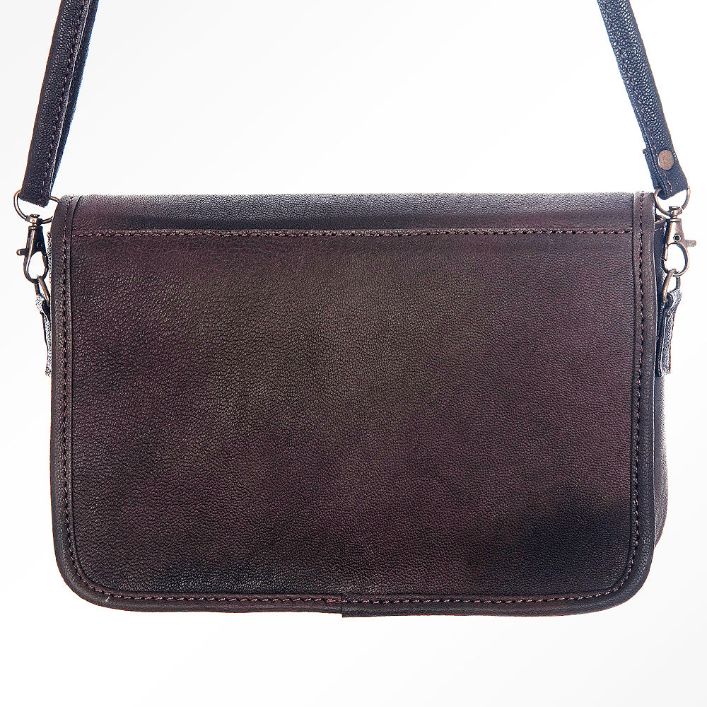 LC-ADBGZ342 Horse Tooled Leather Crossbody Bag - Genuine Brown Leather with Hair-On Cowhide Sides