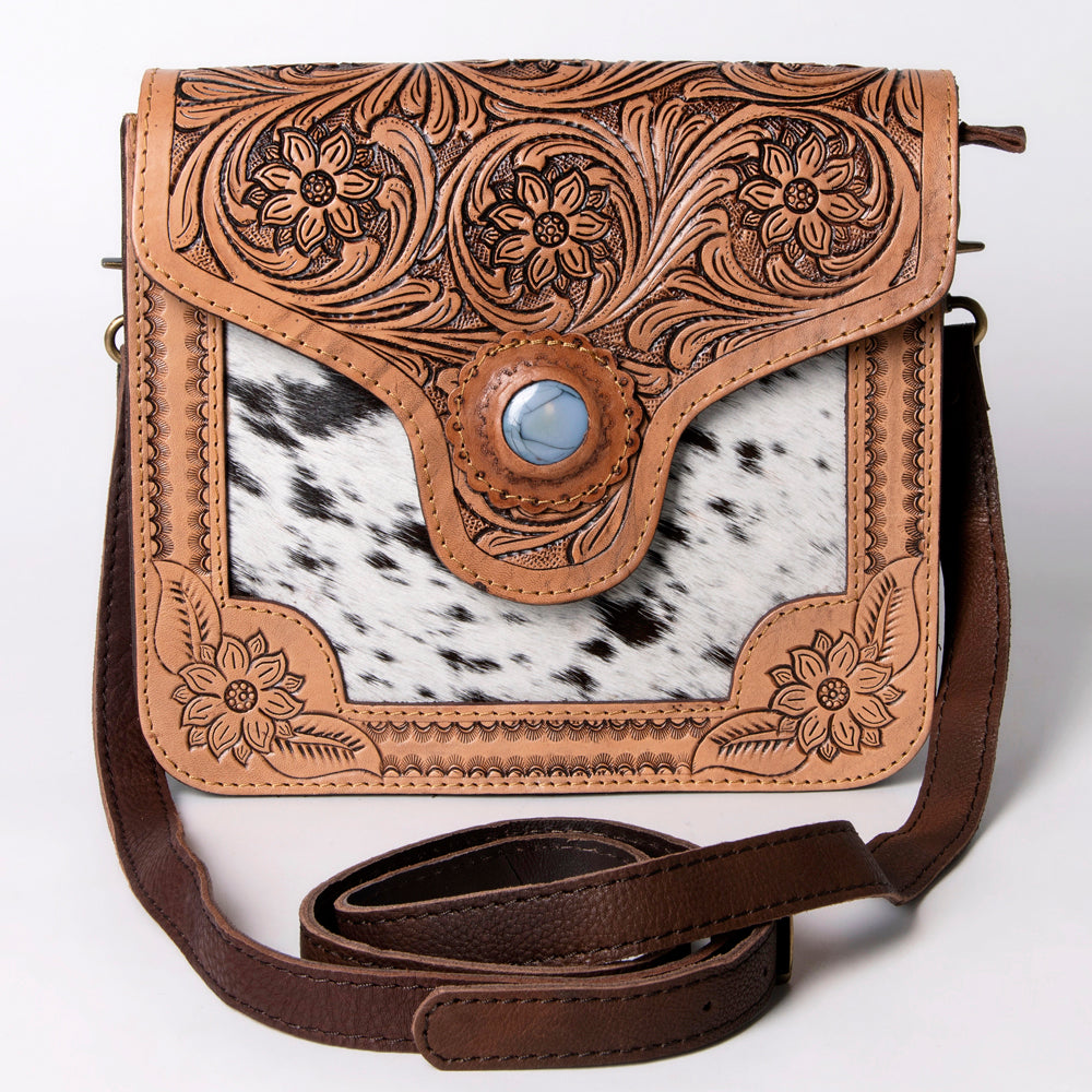 ADBGD123 Tooled Leather & Hair-On Hide Western Crossbody - Floral Design with Turquoise Accent