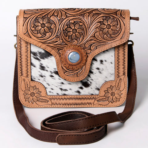 American Darling Hand Tooled Floral & Hair-On Cowhide Cross body Bag with Stone Accent