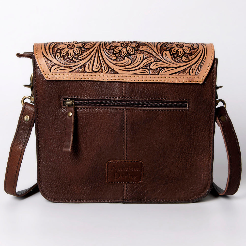 ADBGD123 Tooled Leather & Hair-On Hide Western Crossbody - Floral Design with Turquoise Accent