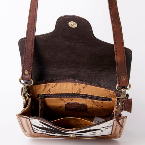 American Darling Hand Tooled Floral & Hair-On Cowhide Cross body Bag with Stone Accent