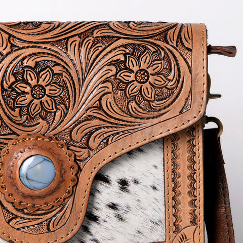 American Darling Hand Tooled Floral & Hair-On Cowhide Cross body Bag with Stone Accent