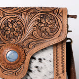 ADBGD123 Tooled Leather & Hair-On Hide Western Crossbody - Floral Design with Turquoise Accent