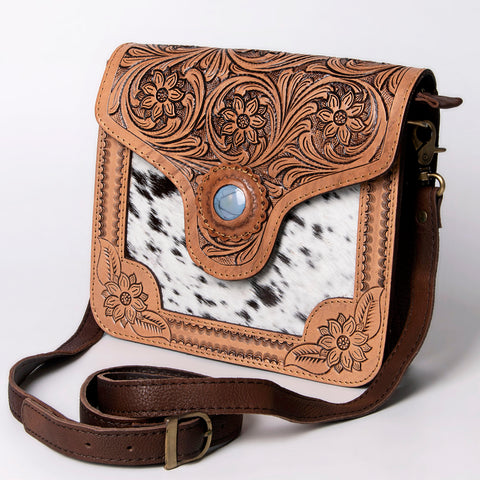 American Darling Hand Tooled Floral & Hair-On Cowhide Cross body Bag with Stone Accent