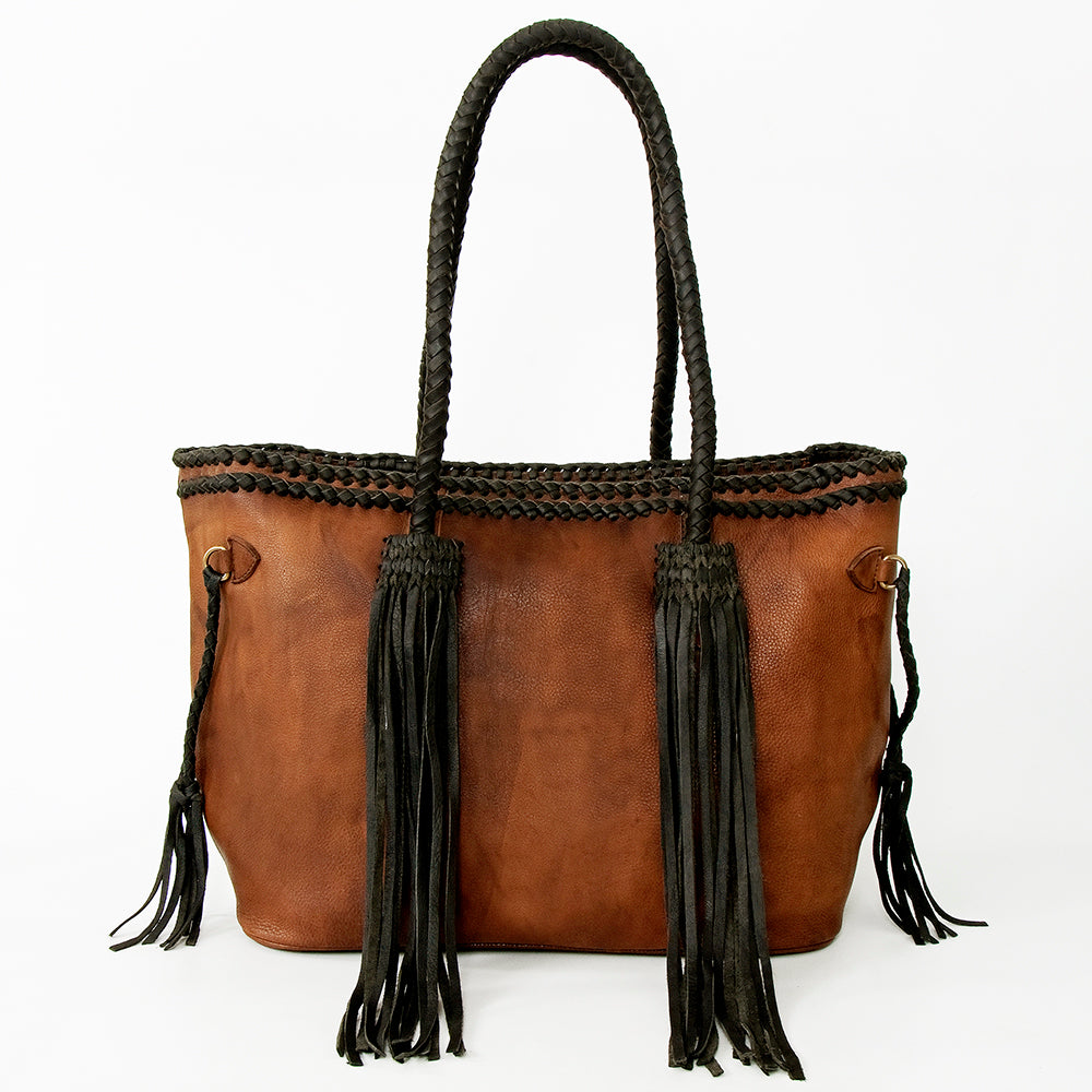 ADBGD132A Brown Leather Western Tote Bag with Braided Fringe & Handles - Handmade Boho Style