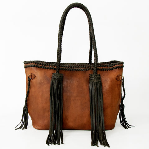 American Darling Handcrafted Leather Tote Bag with Braided Handles & Fringes