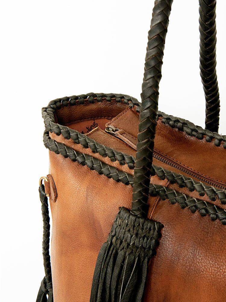 ADBGD132A Brown Leather Western Tote Bag with Braided Fringe & Handles - Handmade Boho Style