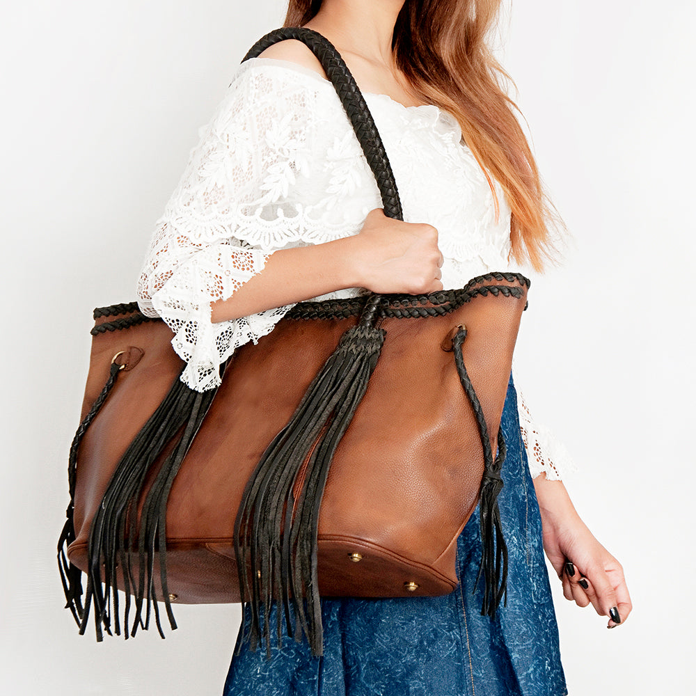 ADBGD132A Brown Leather Western Tote Bag with Braided Fringe & Handles - Handmade Boho Style