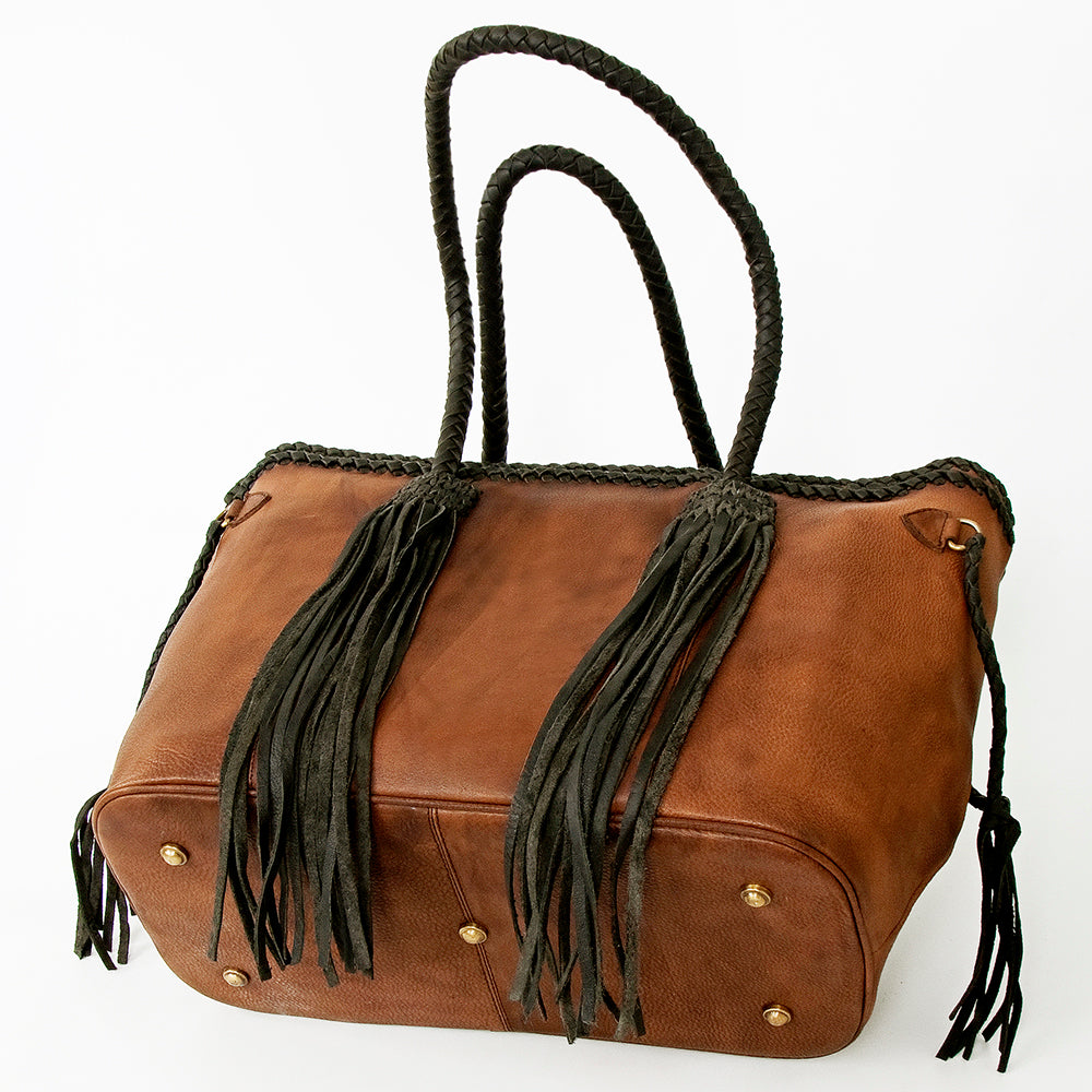ADBGD132A Brown Leather Western Tote Bag with Braided Fringe & Handles - Handmade Boho Style