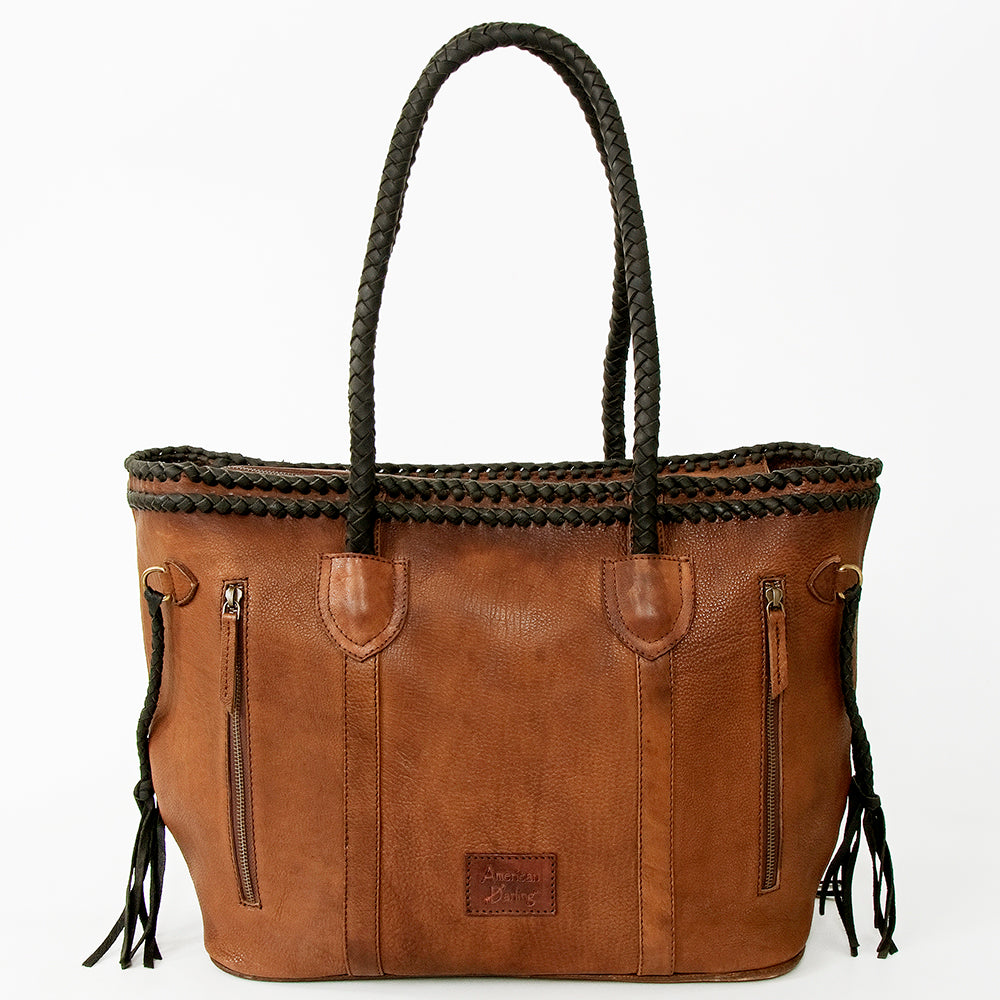 ADBGD132A Brown Leather Western Tote Bag with Braided Fringe & Handles - Handmade Boho Style