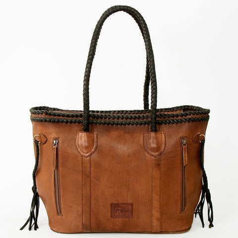 American Darling Handcrafted Leather Tote Bag with Braided Handles & Fringes