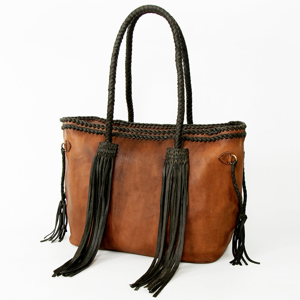 ADBGD132A Brown Leather Western Tote Bag with Braided Fringe & Handles - Handmade Boho Style