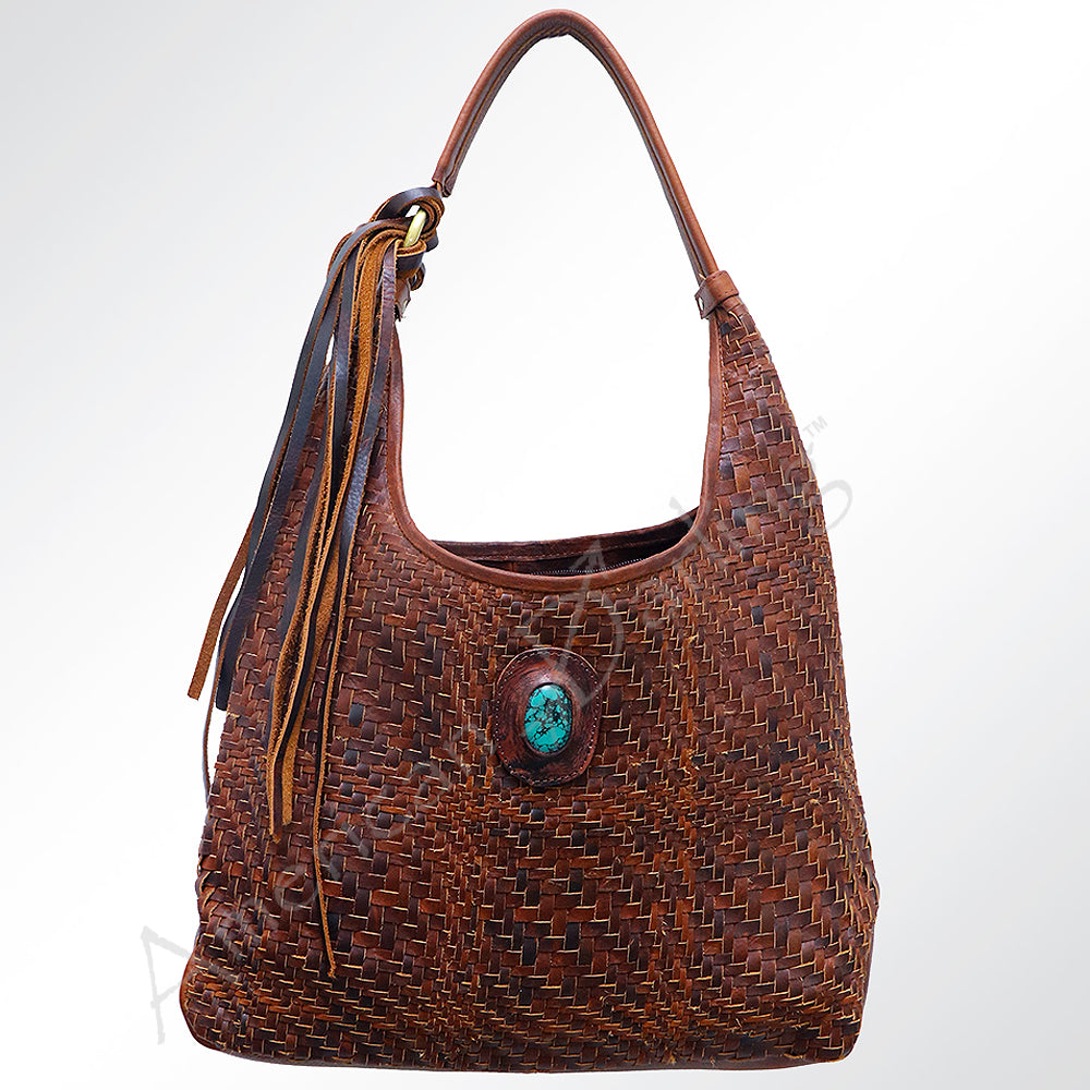 LC-ADBGM153 Woven Genuine Leather Hobo Bag with Turquoise Concho & Tassel - Western Style