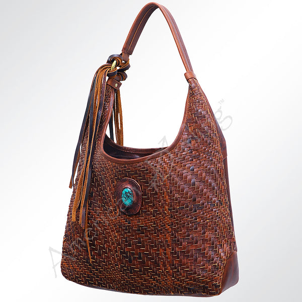 LC-ADBGM153 Woven Genuine Leather Hobo Bag with Turquoise Concho & Tassel - Western Style