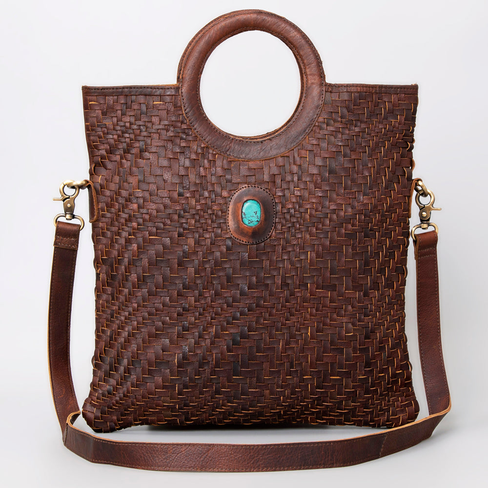 LC-ADBGM154 Handwoven Western Leather Tote Bag with Turquoise Stone Accent