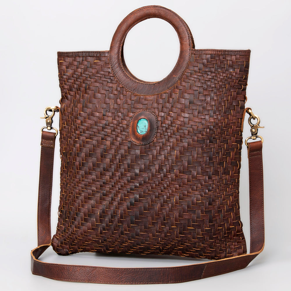 LC-ADBGM154 Handwoven Western Leather Tote Bag with Turquoise Stone Accent