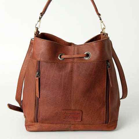 LC-ADBGI162 Western Leather Bucket Bag - Tooled Corners with Drawstring Closure