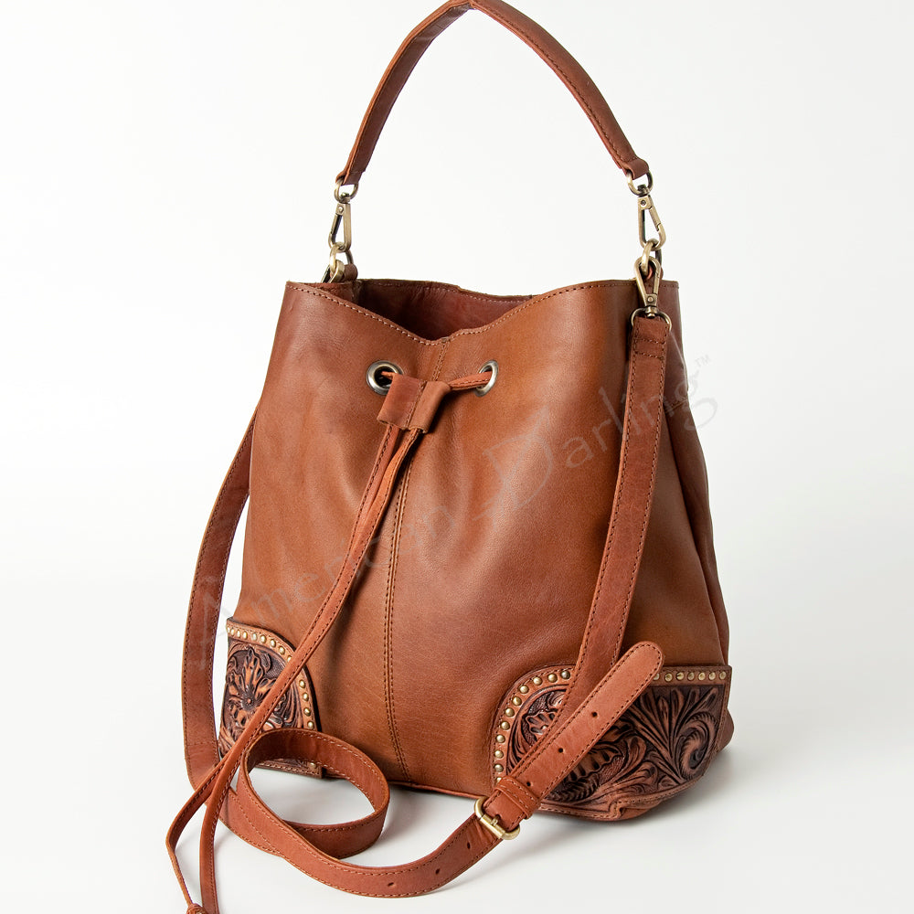 LC-ADBGI162 Western Leather Hobo Bag - Tooled Corners with Drawstring Closure
