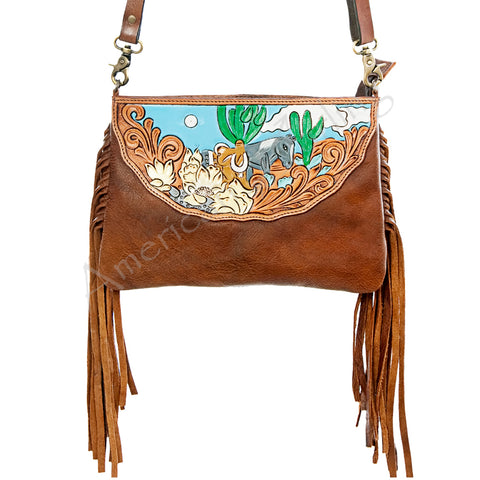 American Darling Tooled Leather Crossbody with Fringe Western Brown Shoulder Bag