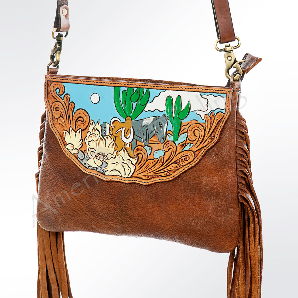LC-ADBGA156 Tooled Leather Crossbody with Fringe Western Brown Shoulder Bag