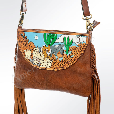 American Darling Tooled Leather Crossbody with Fringe Western Brown Shoulder Bag